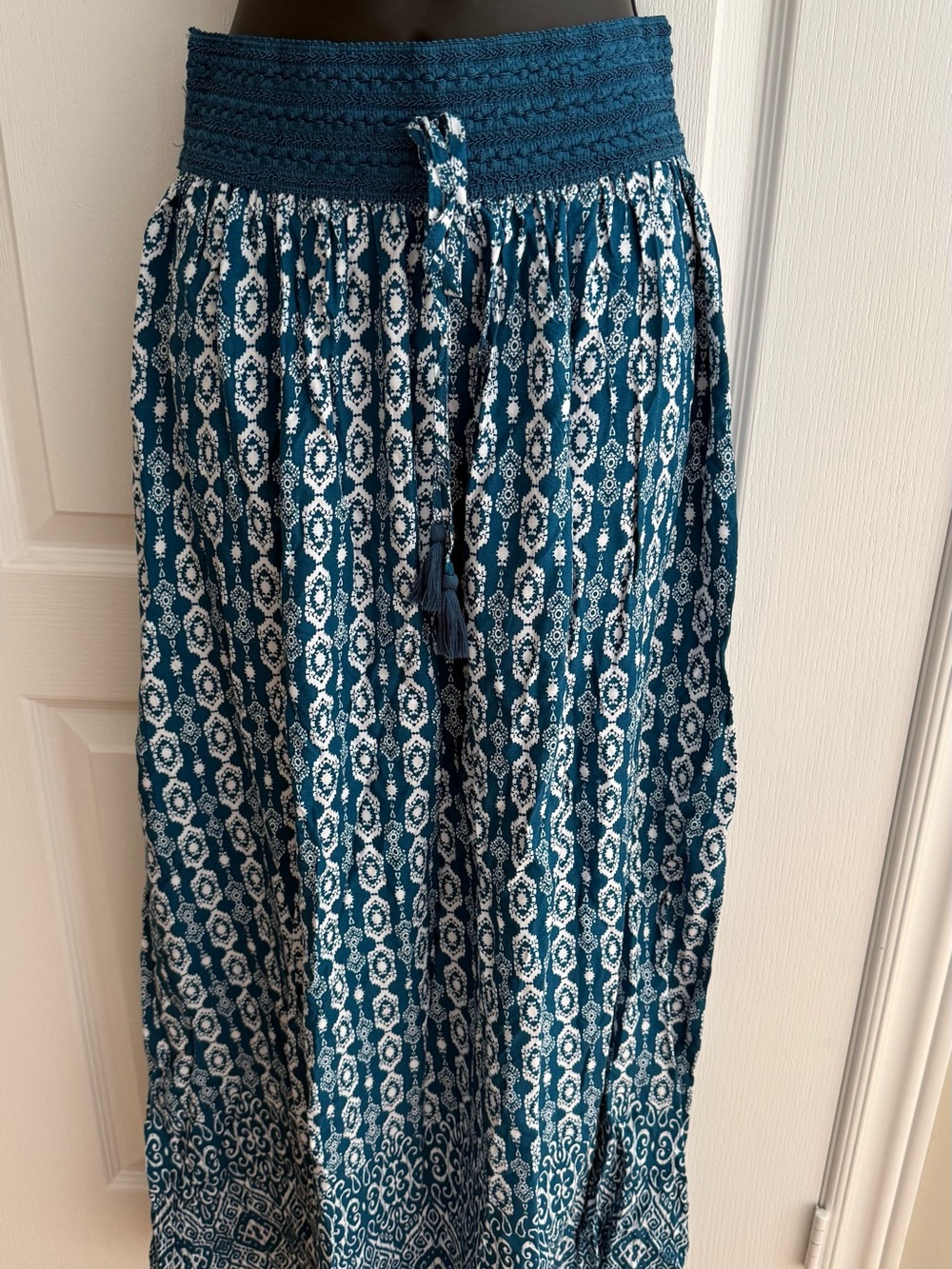 Teal & White Printed BOHO Maxi Skirt